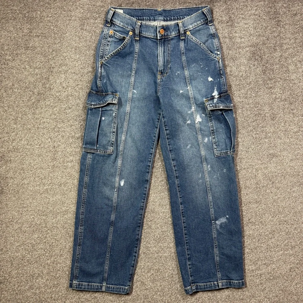 Gap Jeans 90s Loose Cargo Mid Rise‎ Petite 25/0P Medium Wash Paint Splatter